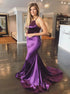 Mermaid Purple Spaghetti Straps Satin Prom Dresses With Sweep Train LBQ1917